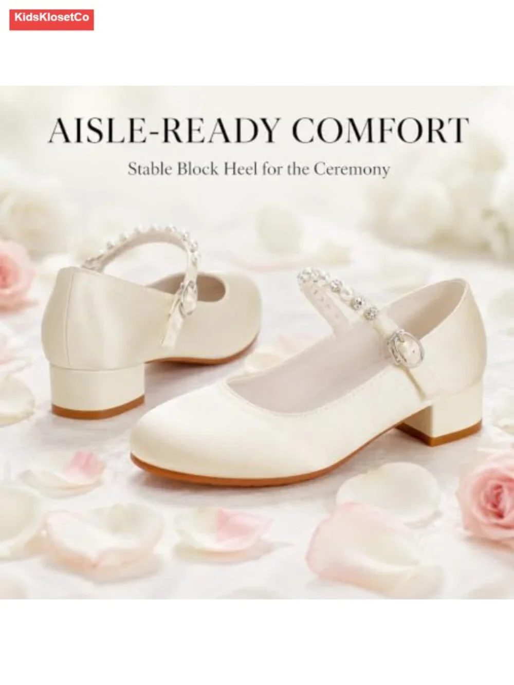 Pearl Rhinestone Princess Dress Shoes with Low Block Heel for Big Girls